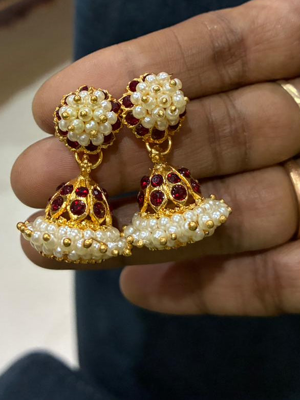 Red Stone and Pearl Vintage style Mediam Size Jhumka