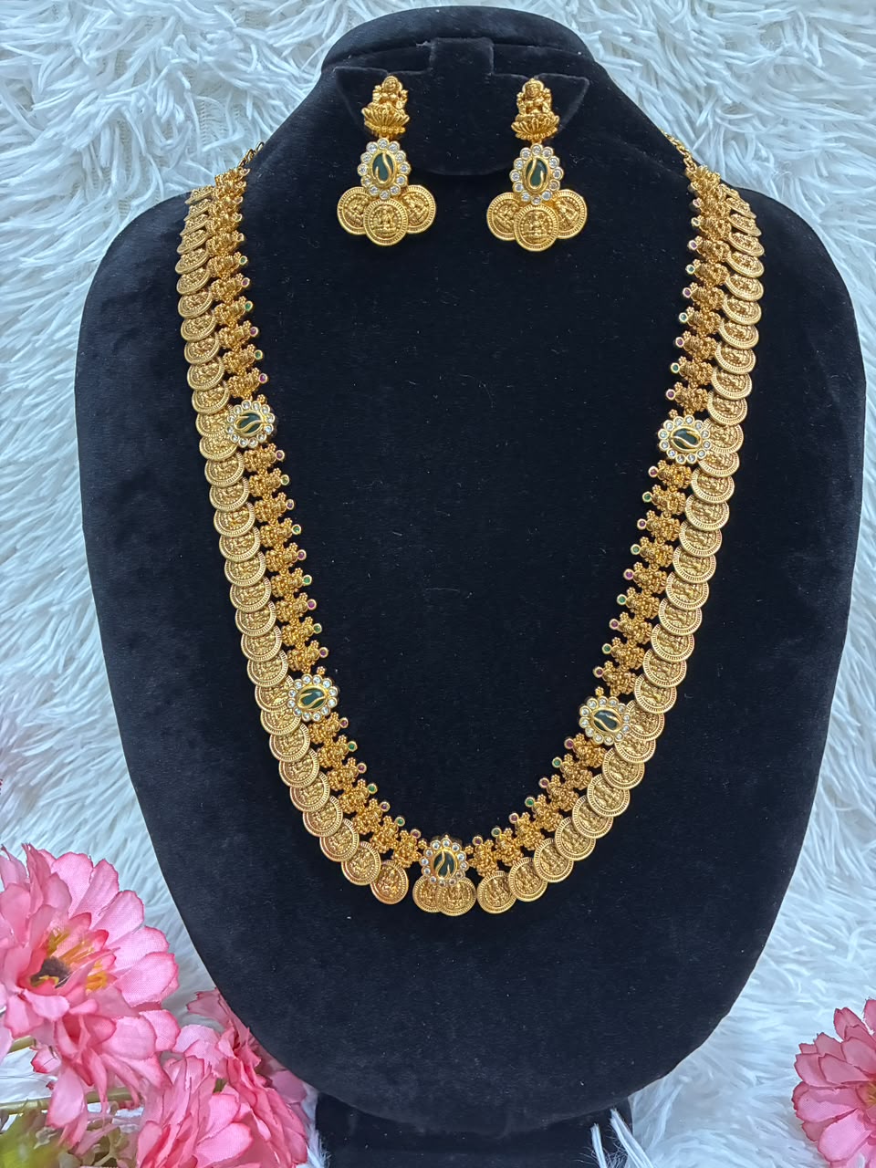 Gold plated Lakshmi coin haram necklace set with green stone
