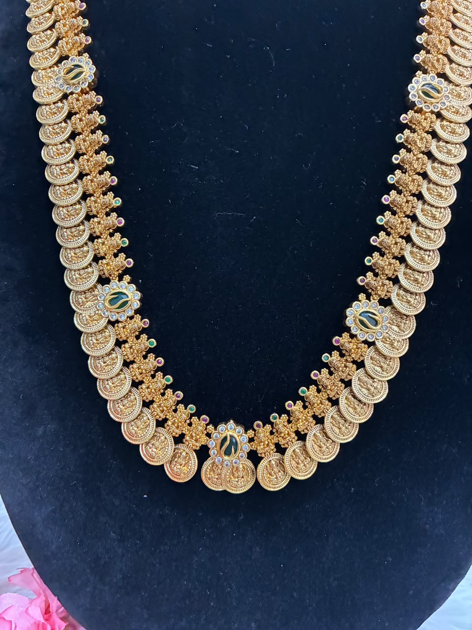Gold plated Lakshmi coin haram necklace set with green stone