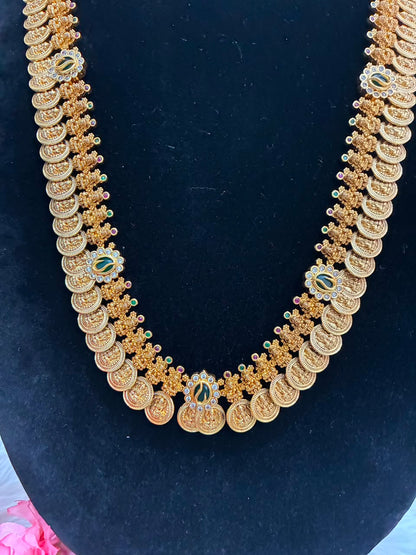 Gold plated Lakshmi coin haram necklace set with green stone