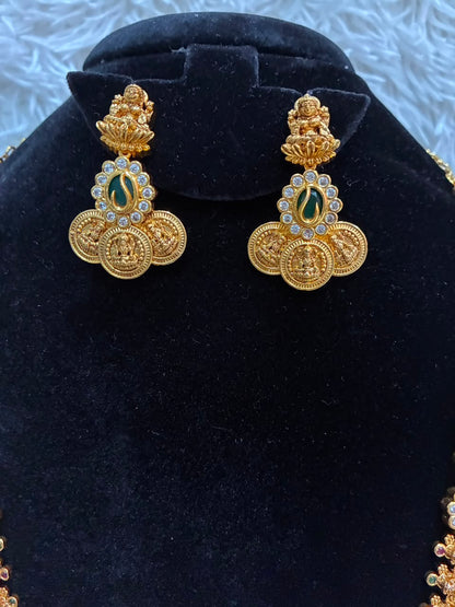 Gold plated Lakshmi coin haram necklace set with green stone