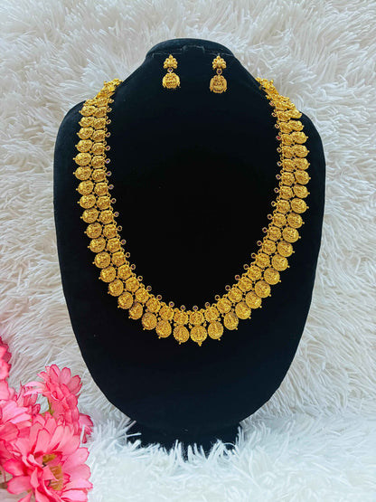 Gold Replica- High Quality Double Lakshmi Kasu Antique Finish Long Haram necklace with Earrings