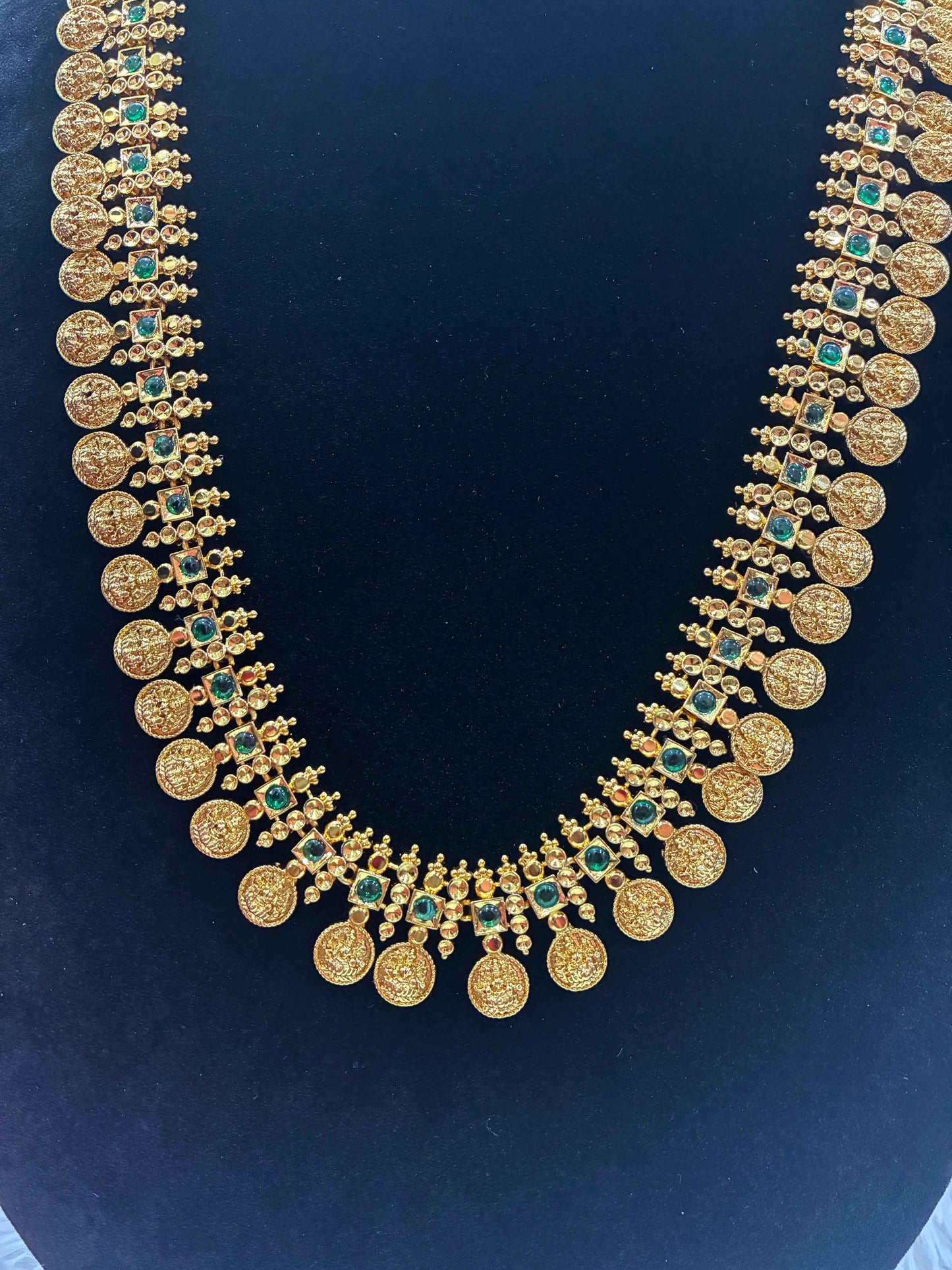 Gold Replica- High Quality Lakshmi Kasu Antique Finish Long Haram necklace with Earrings