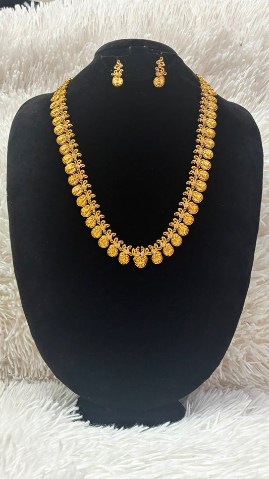 Budget Friendly -Micro Gold Plated Lakshmi Kasu Long Haram Necklace with Earrings