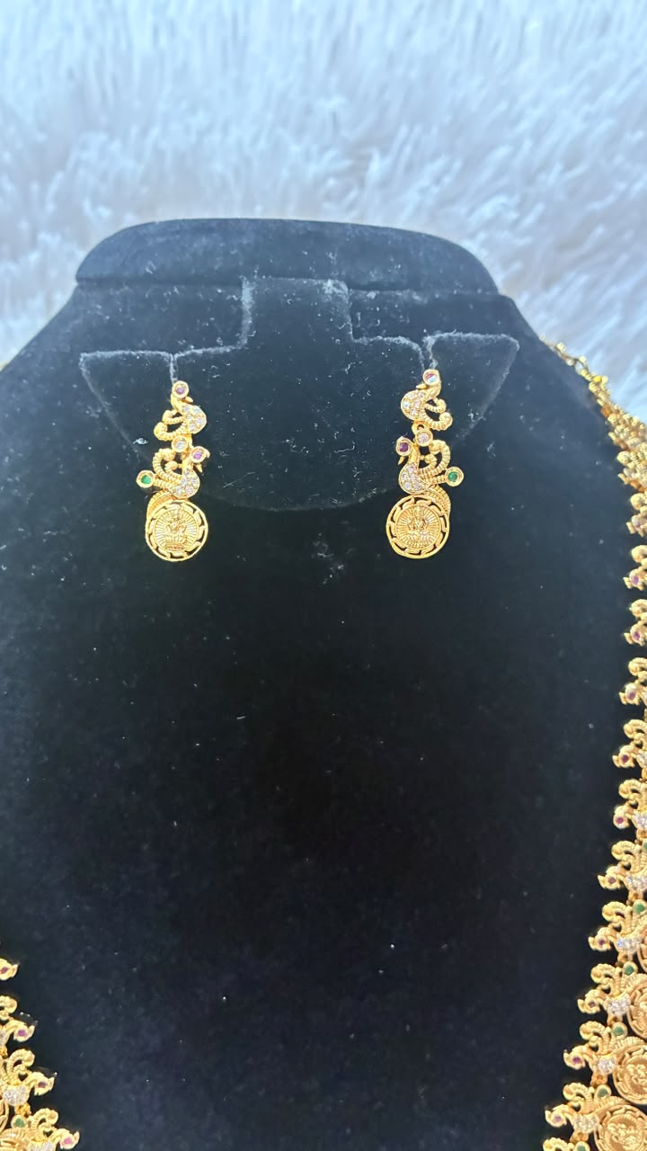 Budget Friendly -Micro Gold Plated Lakshmi Kasu Long Haram Necklace with Earrings