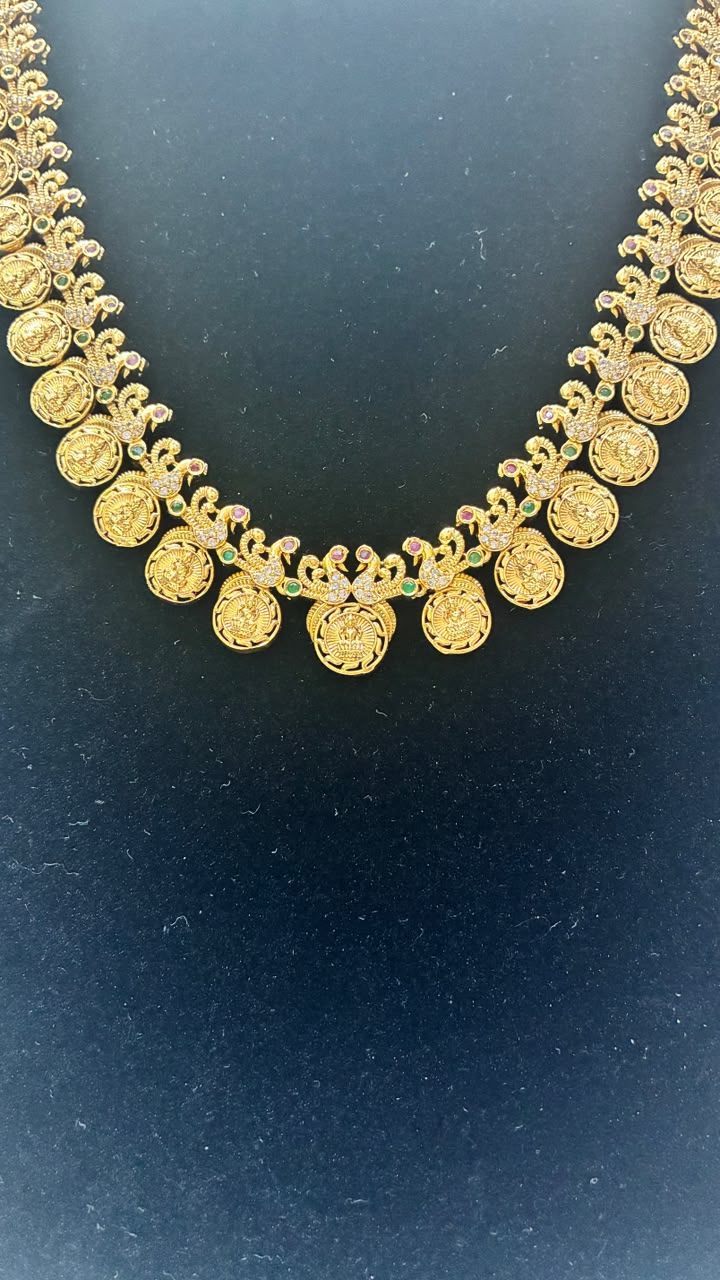 Budget Friendly -Micro Gold Plated Lakshmi Kasu Long Haram Necklace with Earrings