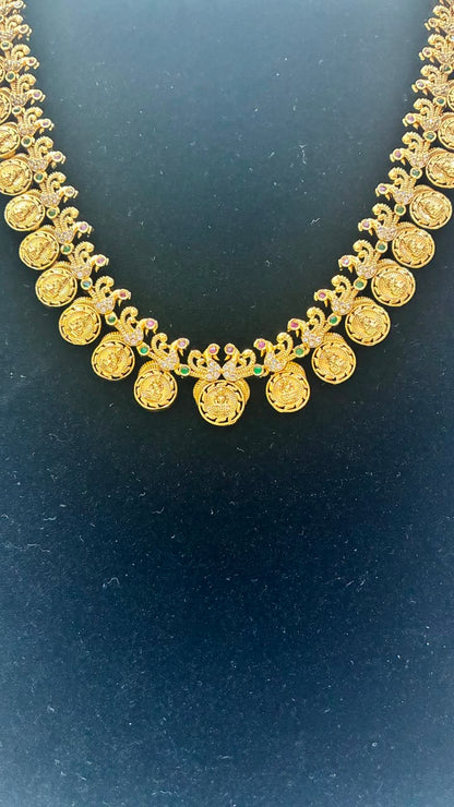 Budget Friendly -Micro Gold Plated Lakshmi Kasu Long Haram Necklace with Earrings