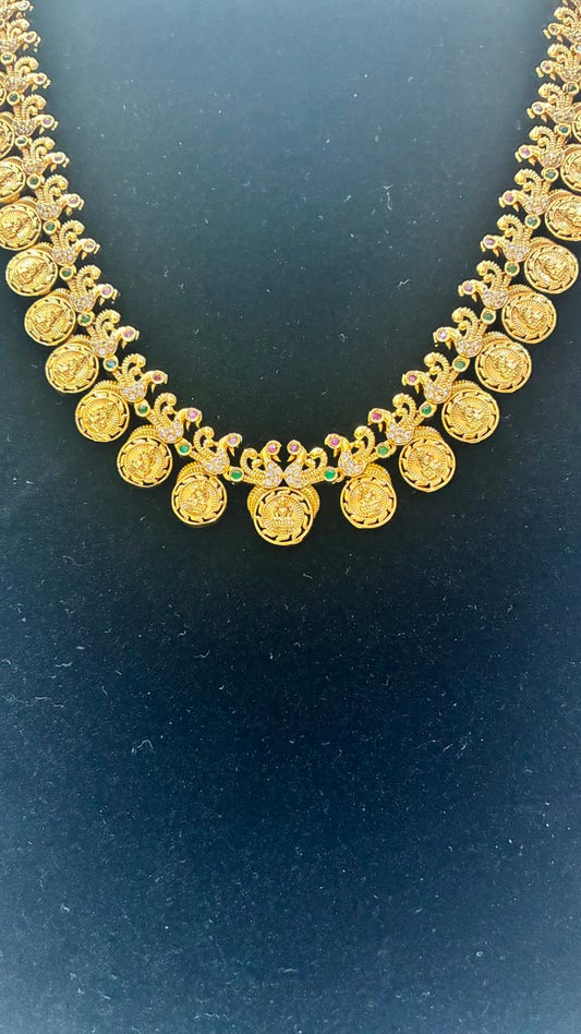 Budget Friendly -Micro Gold Plated Lakshmi Kasu Long Haram Necklace with Earrings