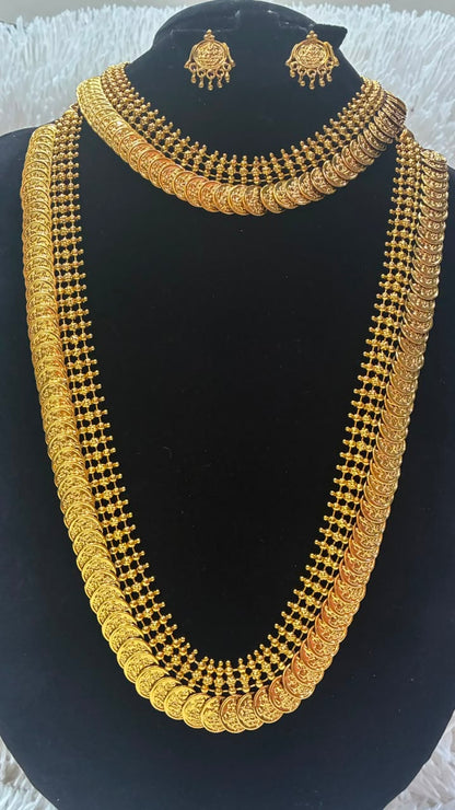 Bridal Wear Combo Set- Micro Gold plated Long Haram & Short Necklace with Earrings