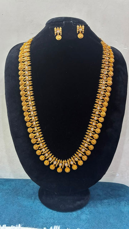 High Quality Micro Gold Plated Antique Finish Lakshmi Kasu Long Haram with Earrings
