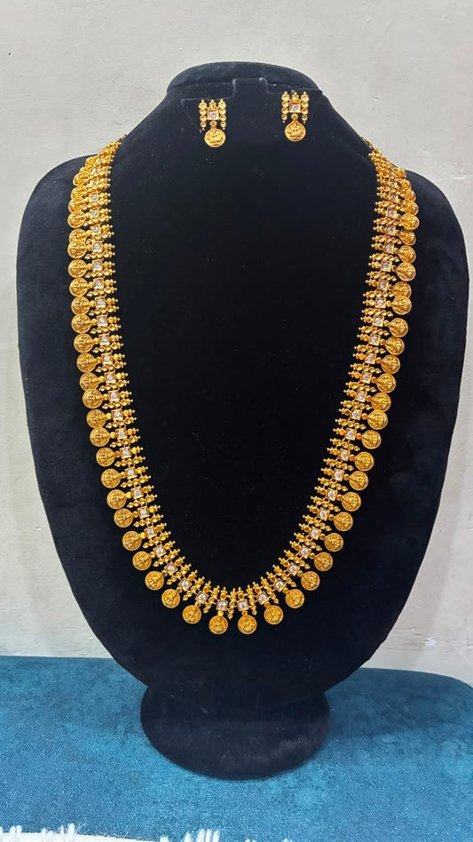 High Quality Micro Gold Plated Antique Finish Lakshmi Kasu Long Haram with Earrings