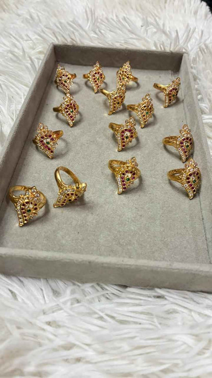 Panchaloha Ring Shanku Style Ring with Pink,Green & White Stones