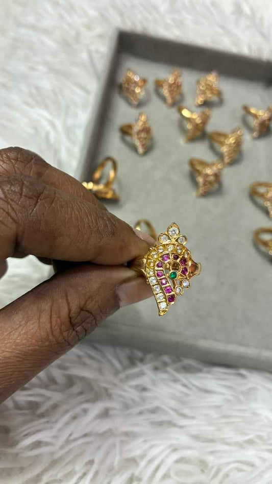 Panchaloha Ring Shanku Style Ring with Pink,Green & White Stones