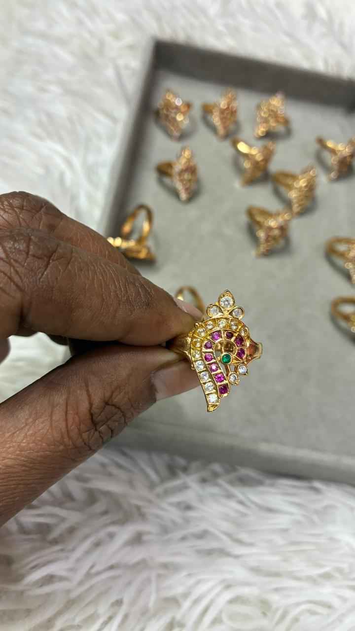 Panchaloha Ring Shanku Style Ring with Pink,Green & White Stones