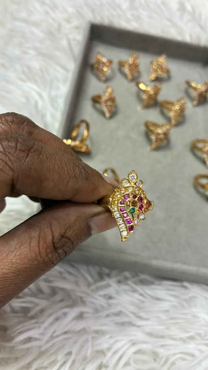 Panchaloha Ring Shanku Style Ring with Pink,Green & White Stones