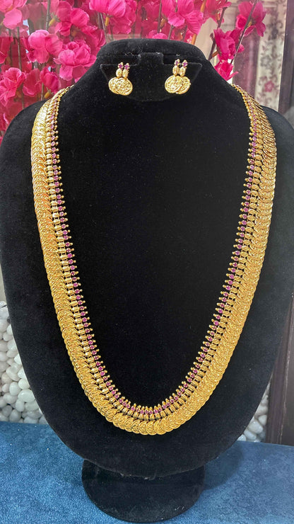 Traditional South Indian Kasu Mala long haram necklace set with matching small coin stud earrings