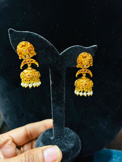 Traditional Antique gold-plated Lakshmi Jhumka Earrings