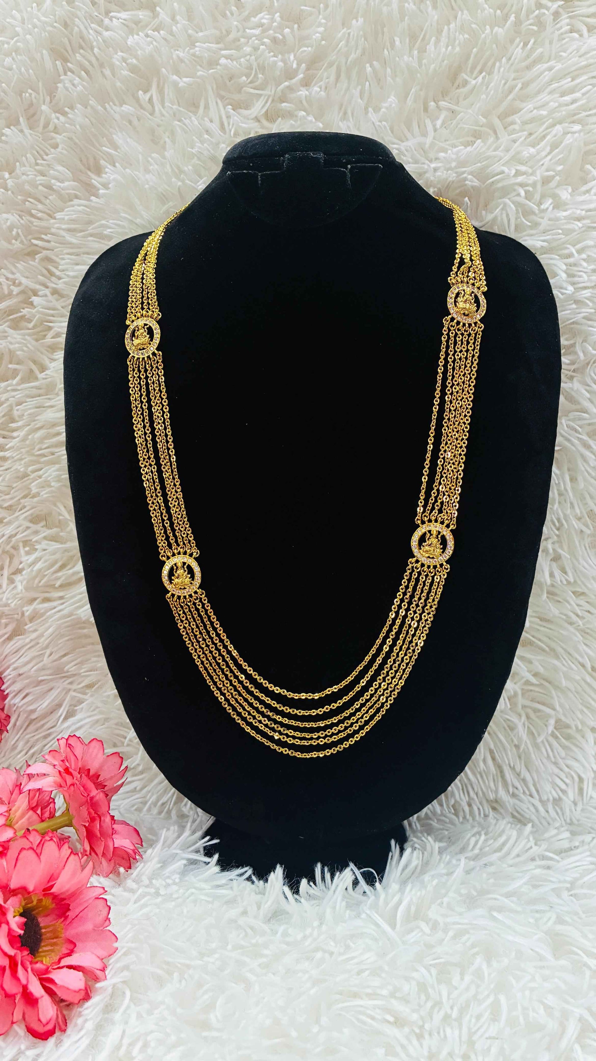 Long Haram - 6 Lines Chandraharam with Stoned side Pendants