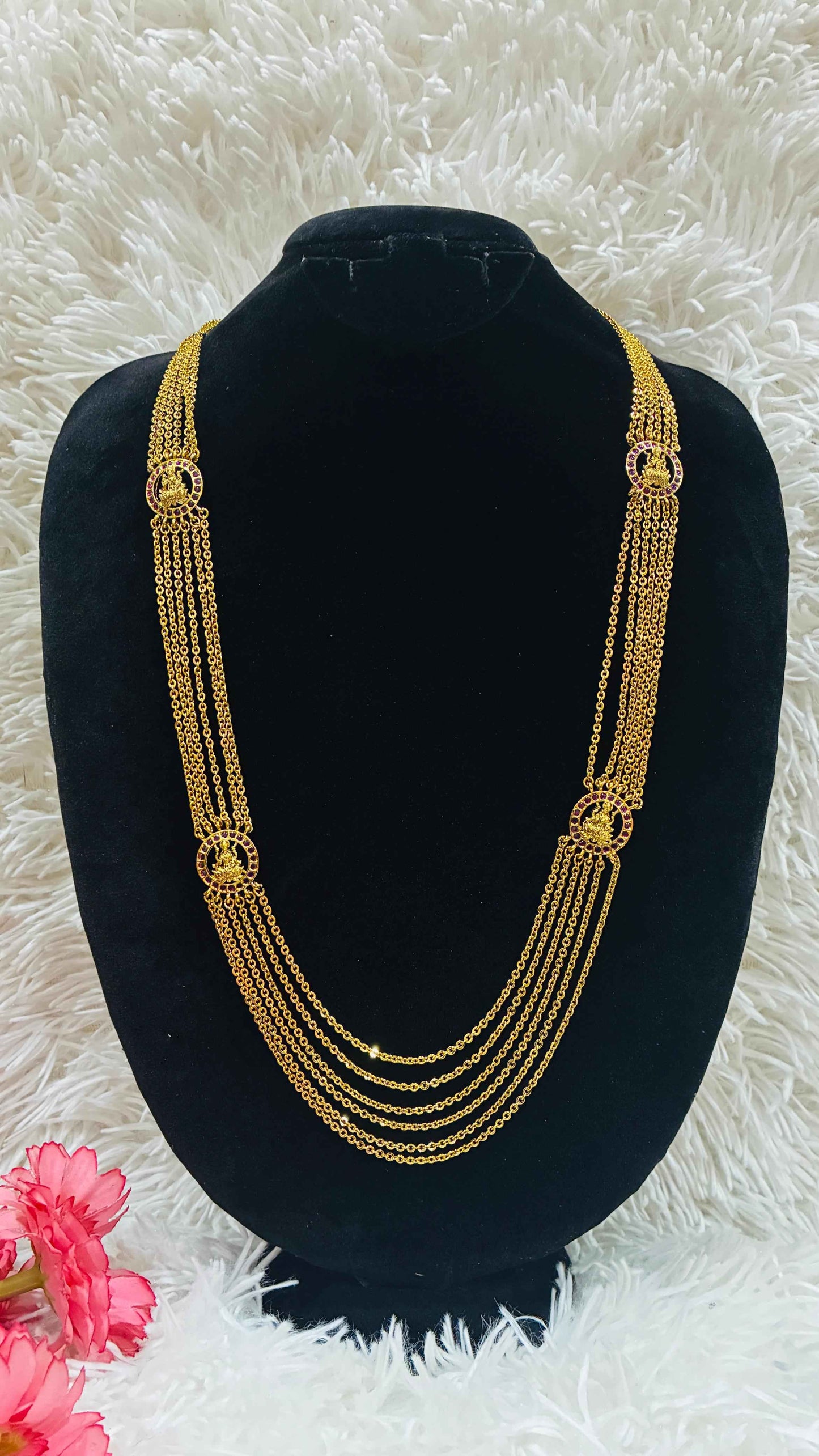Long Haram - 6 Lines Chandraharam with Stoned side Pendants