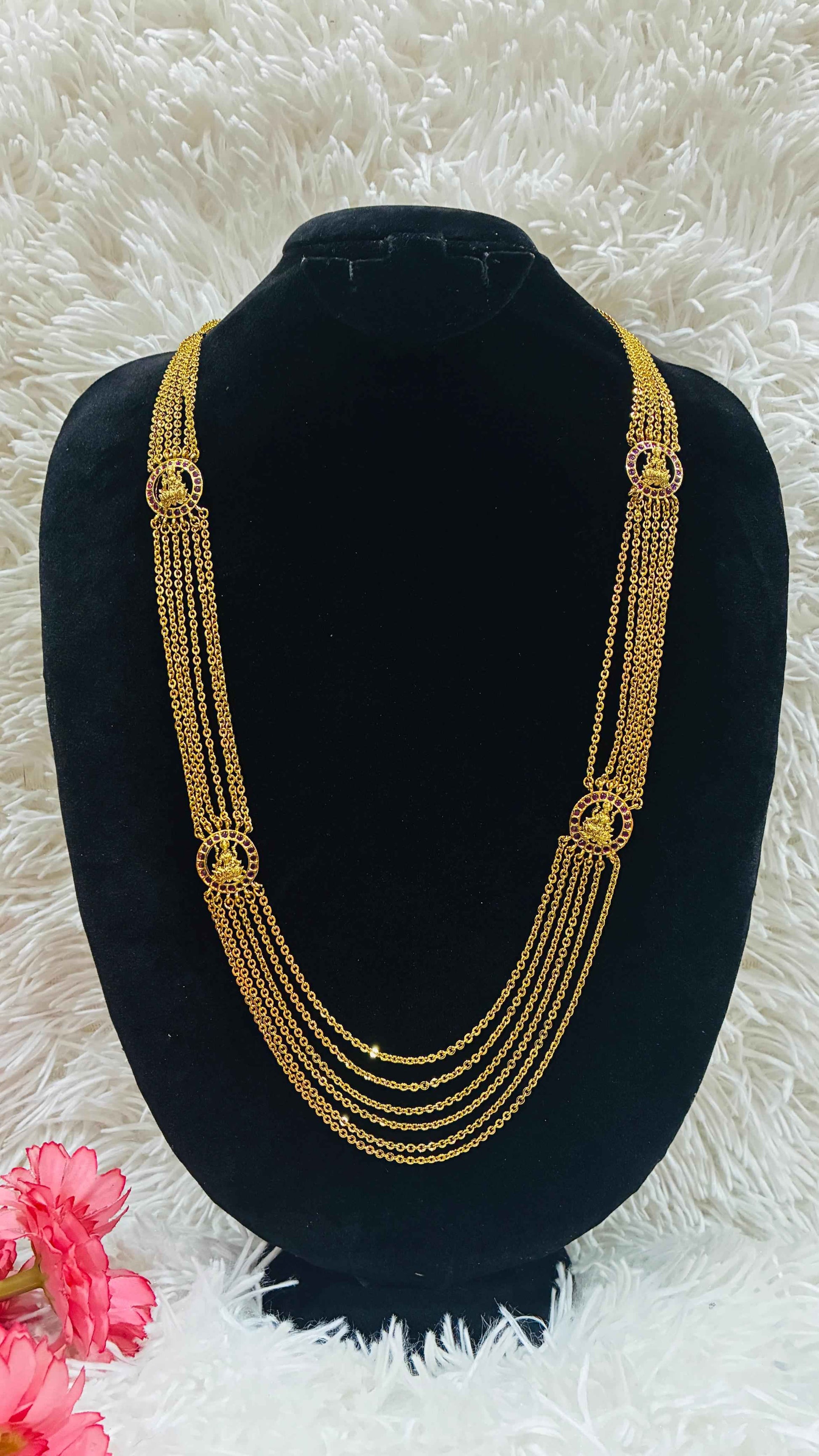 Long Haram - 6 Lines Chandraharam with Stoned side Pendants