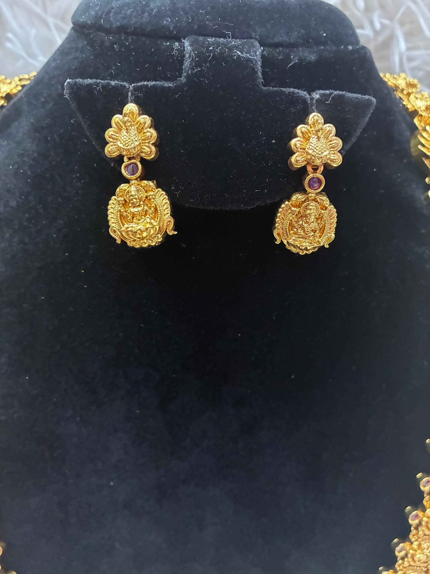 Gold Replica- High Quality Double Lakshmi Kasu Antique Finish Long Haram necklace with Earrings