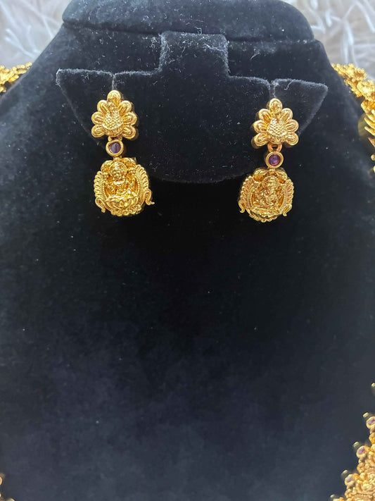 Gold Replica- High Quality Double Lakshmi Kasu Antique Finish Long Haram necklace with Earrings