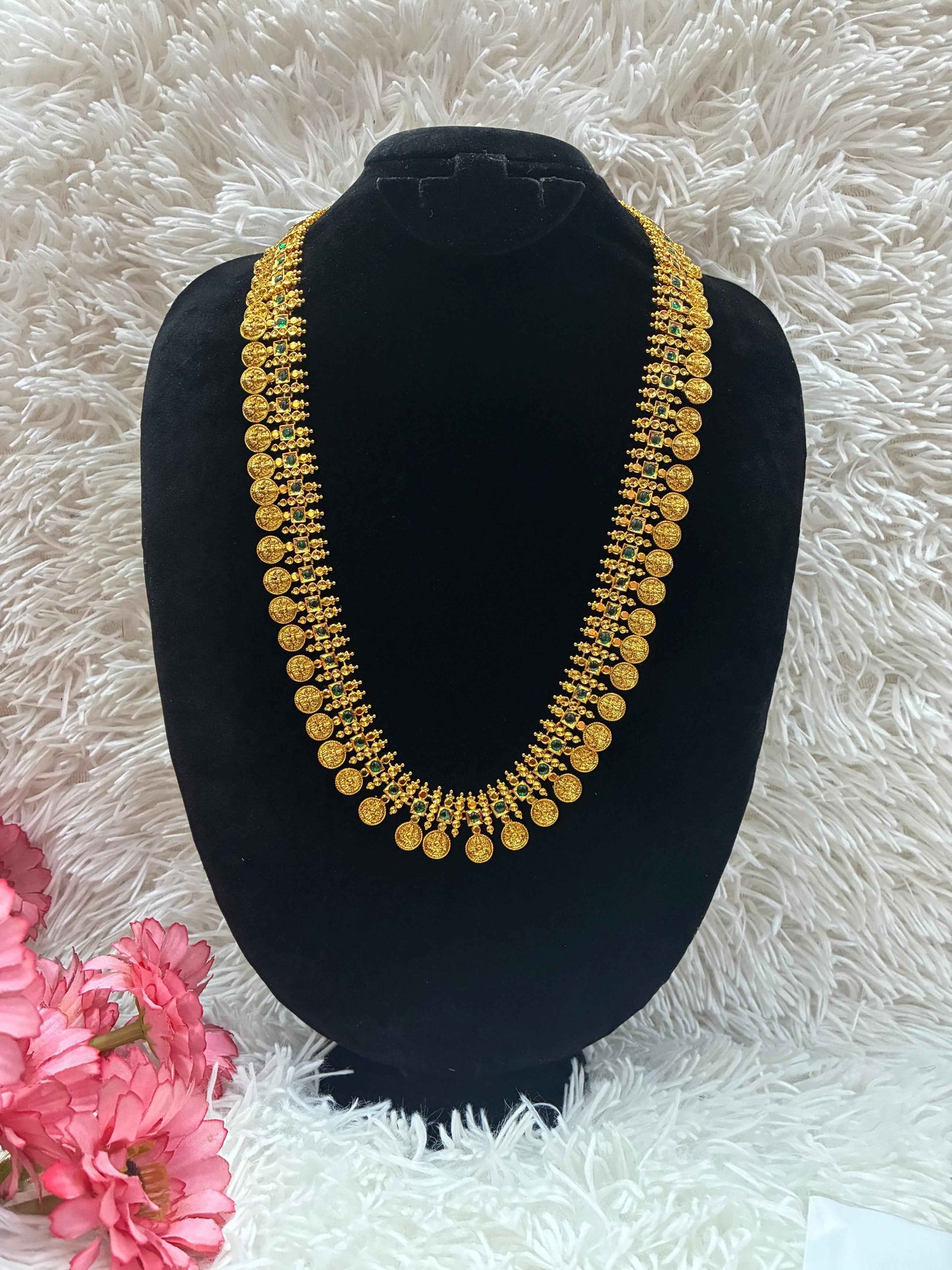 Gold Replica- High Quality Lakshmi Kasu Antique Finish Long Haram necklace with Earrings