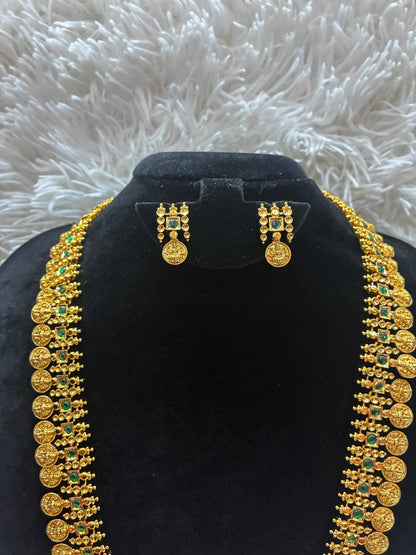 Gold Replica- High Quality Lakshmi Kasu Antique Finish Long Haram necklace with Earrings