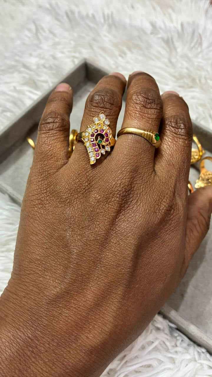 Panchaloha Ring Shanku Style Ring with Pink,Green & White Stones