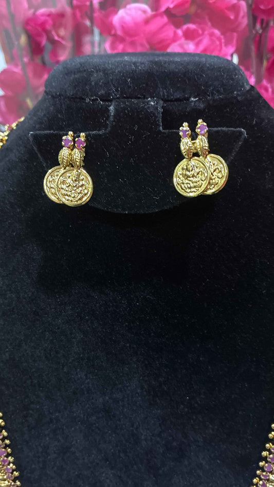 Traditional South Indian Kasu Mala long haram necklace set with matching small coin stud earrings