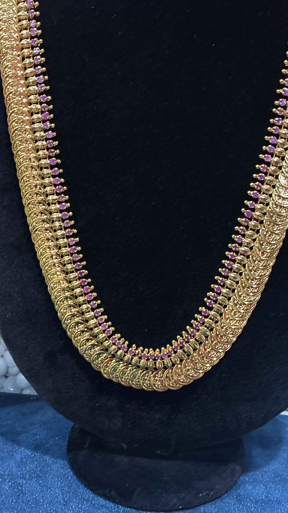 Traditional South Indian Kasu Mala long haram necklace set with matching small coin stud earrings