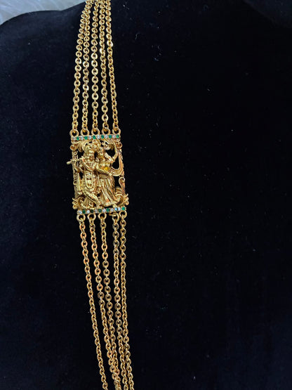 Necklace - 5 Lines Lord Krishna Motif Chandraharam - Green Stone