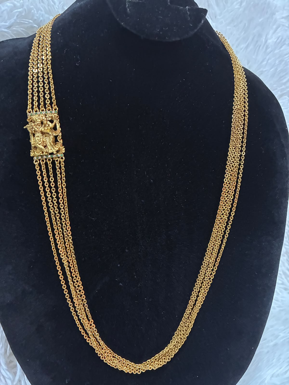 Necklace - 5 Lines Lord Krishna Motif Chandraharam - Green Stone