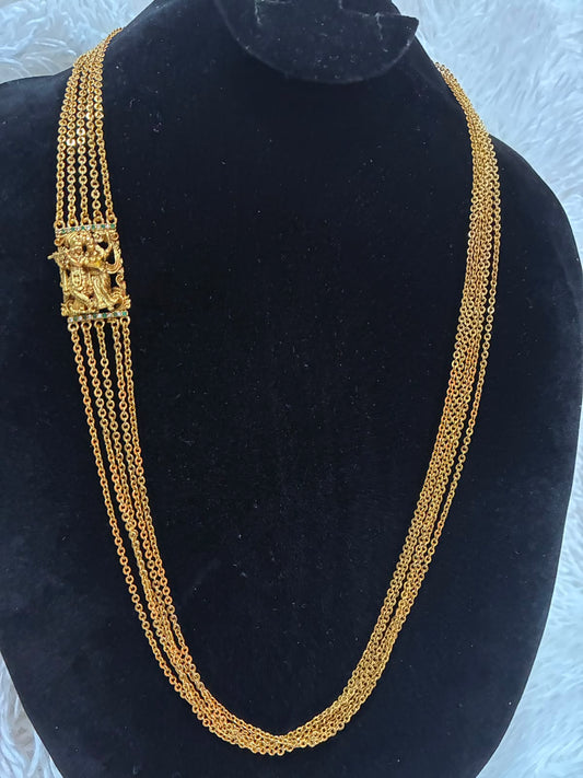 Necklace - 5 Lines Lord Krishna Motif Chandraharam - Green Stone