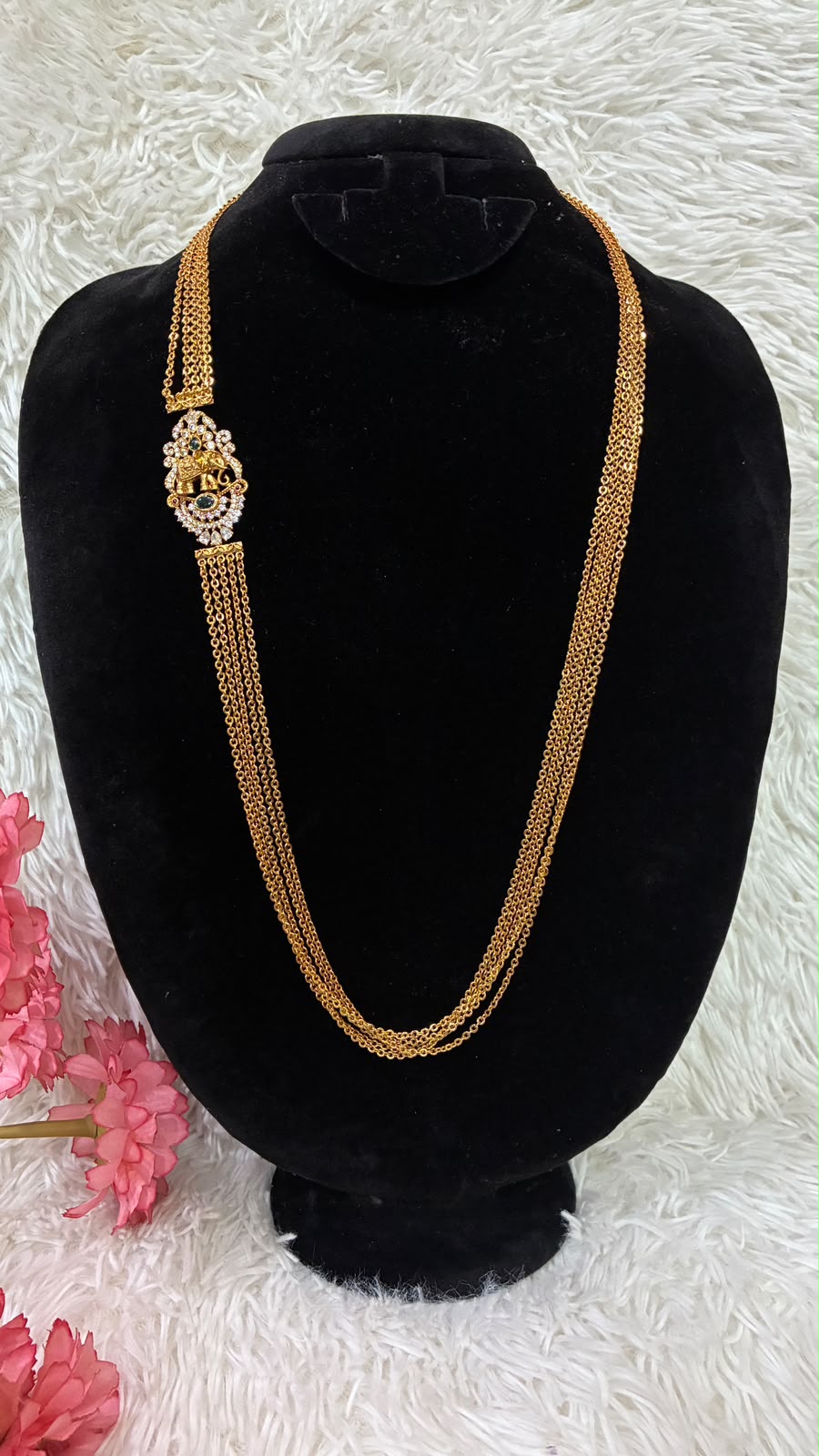 Necklace - 5 Lines Elephant Motif Chandraharam - Green