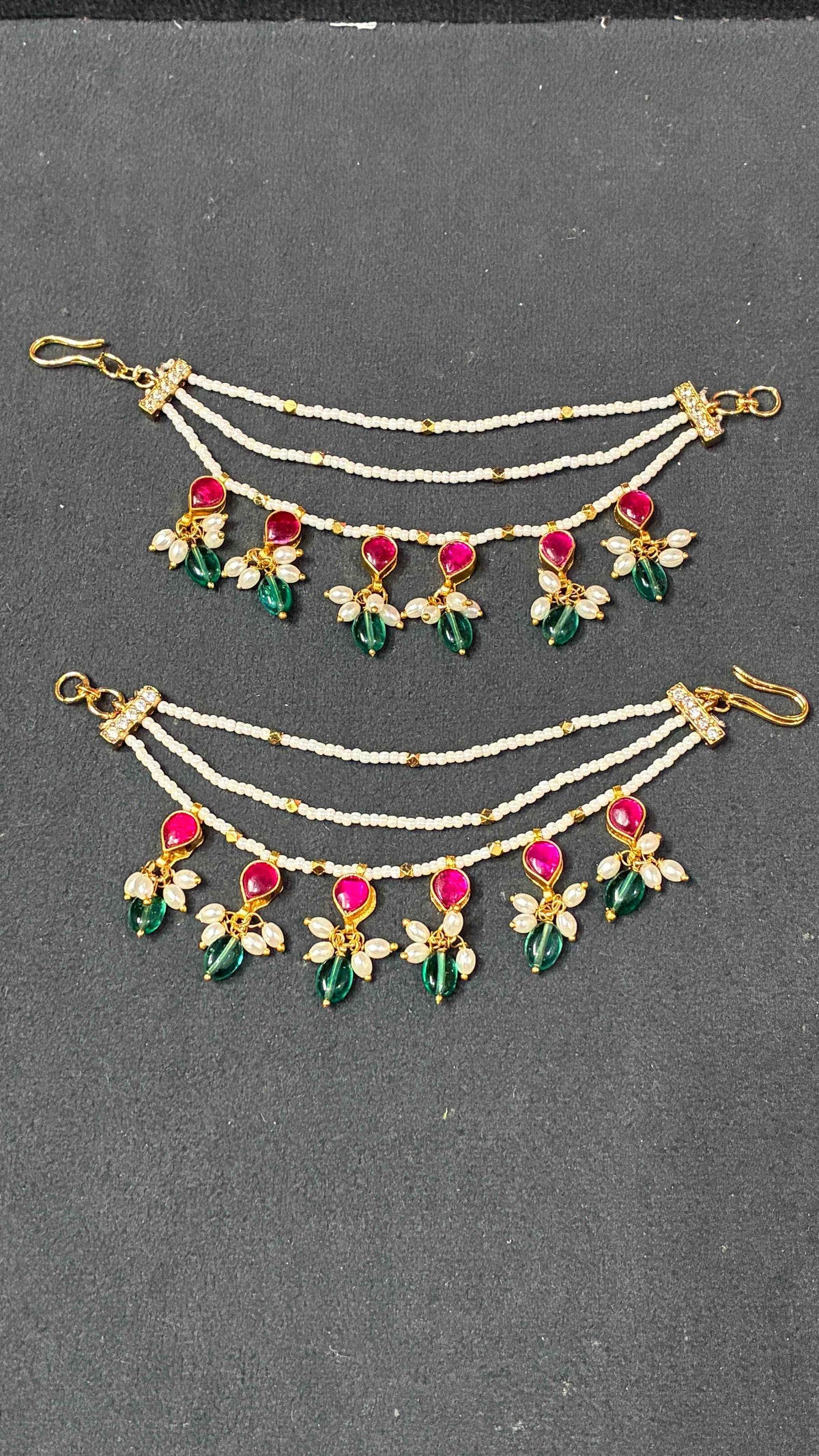 Beautiful 3 Lined Sugar Beads Ear Chains with drop shaped kundans