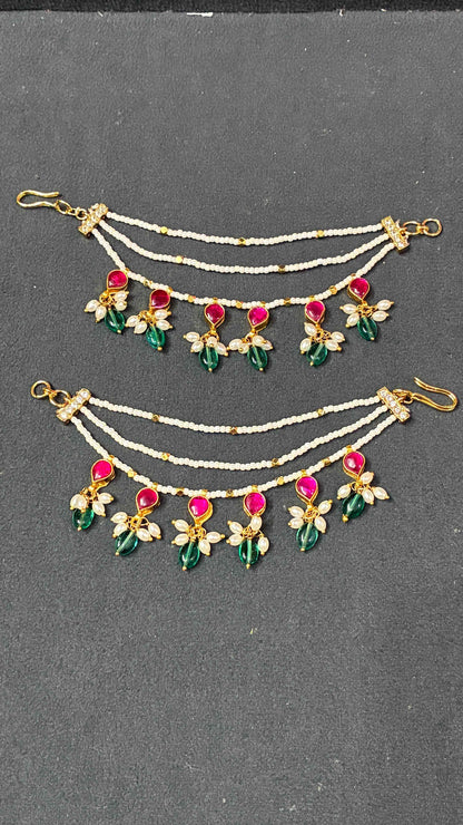 Beautiful 3 Lined Sugar Beads Ear Chains with drop shaped kundans
