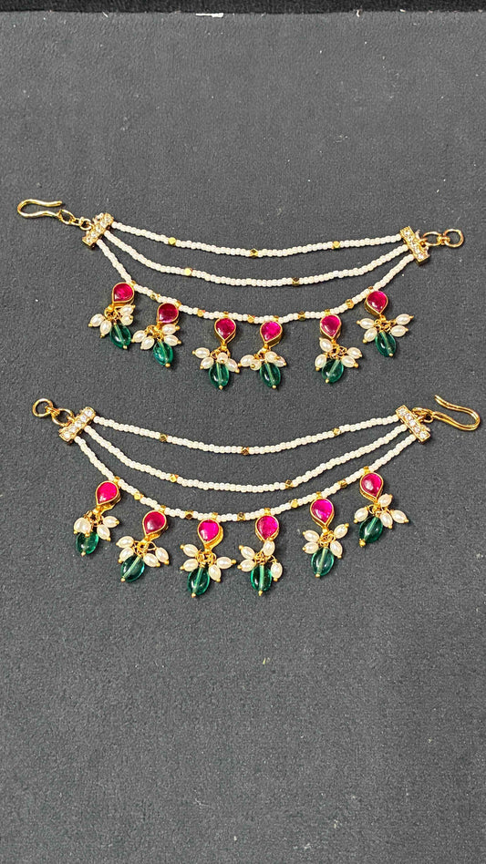 Beautiful 3 Lined Sugar Beads Ear Chains with drop shaped kundans