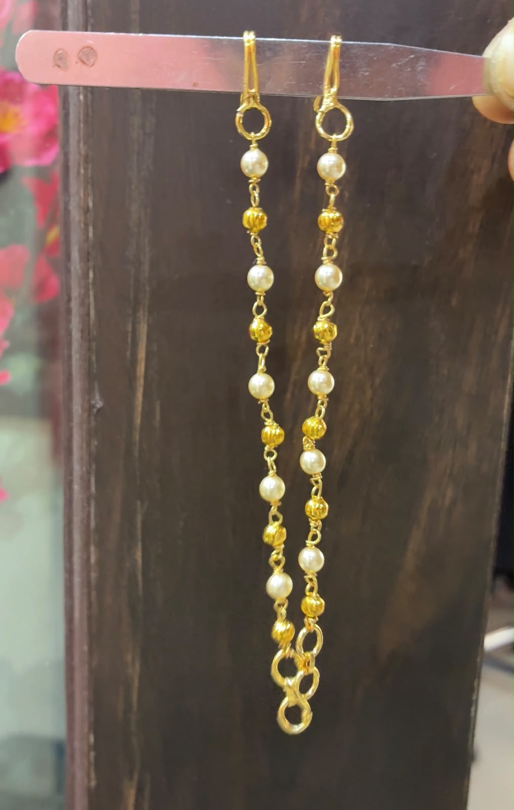 Ear Chain with Pearls and Gold Nakshi Balls