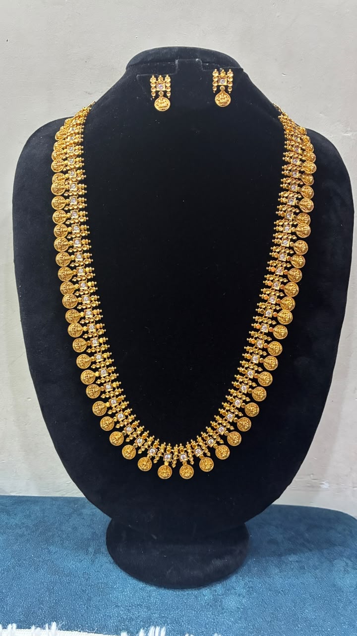 High Quality Micro Gold Plated Antique Finish Lakshmi Kasu Long Haram with Earrings