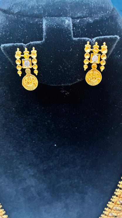 High Quality Micro Gold Plated Antique Finish Lakshmi Kasu Long Haram with Earrings