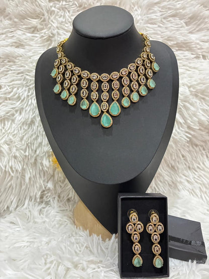 Potta Stone Necklace set with Teardrop Earrings - Sea Green