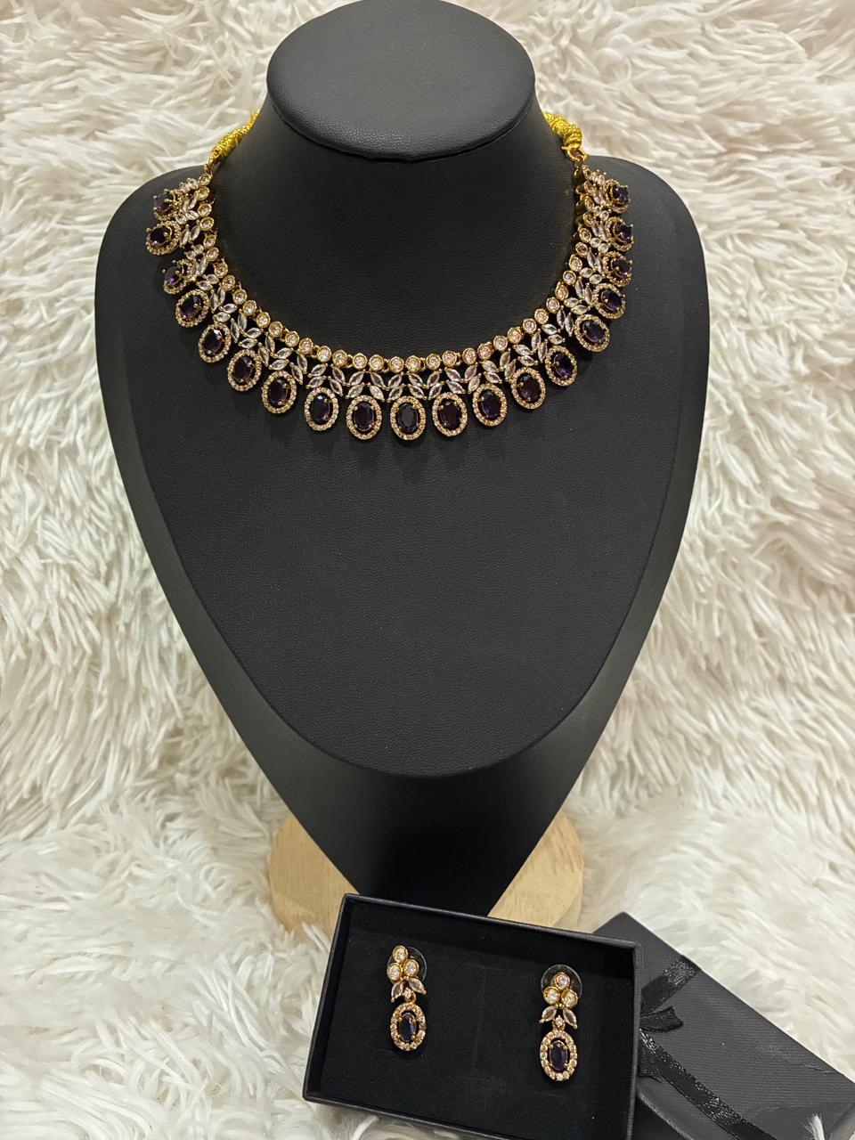 Victorian Jewellery Set featuring American diamonds and purple stones