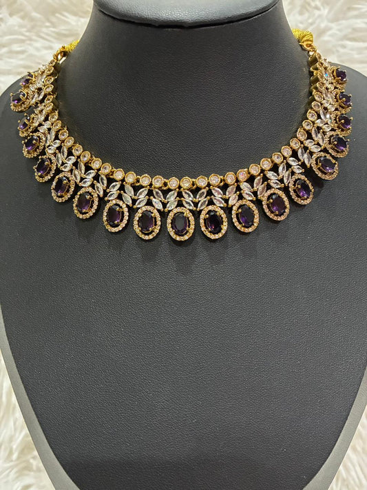 Victorian Jewellery Set featuring American diamonds and purple stones