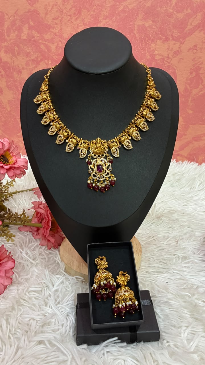 Gold-plated temple style Lakshmi motif necklace set with Mango shaped design