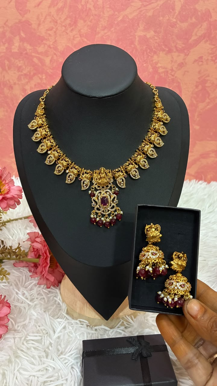 Gold-plated temple style Lakshmi motif necklace set with Mango shaped design