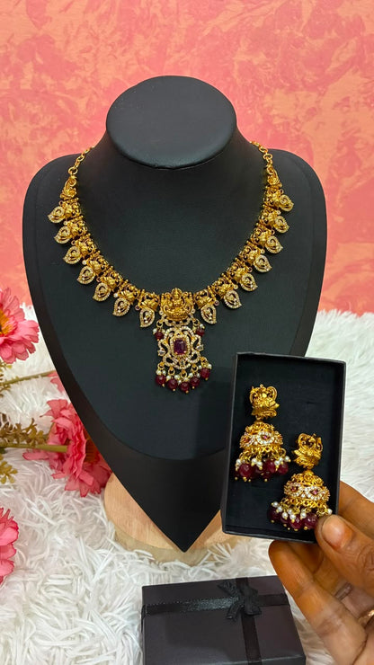 Gold-plated temple style Lakshmi motif necklace set with Mango shaped design