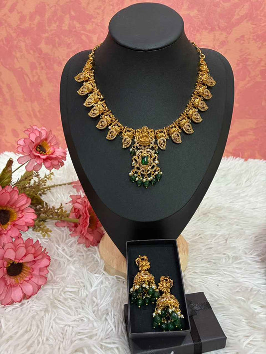 Gold-plated temple style Lakshmi motif necklace set with Mango shaped design