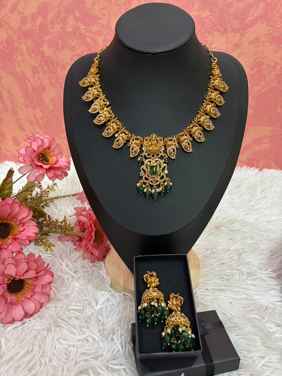 Gold-plated temple style Lakshmi motif necklace set with Mango shaped design