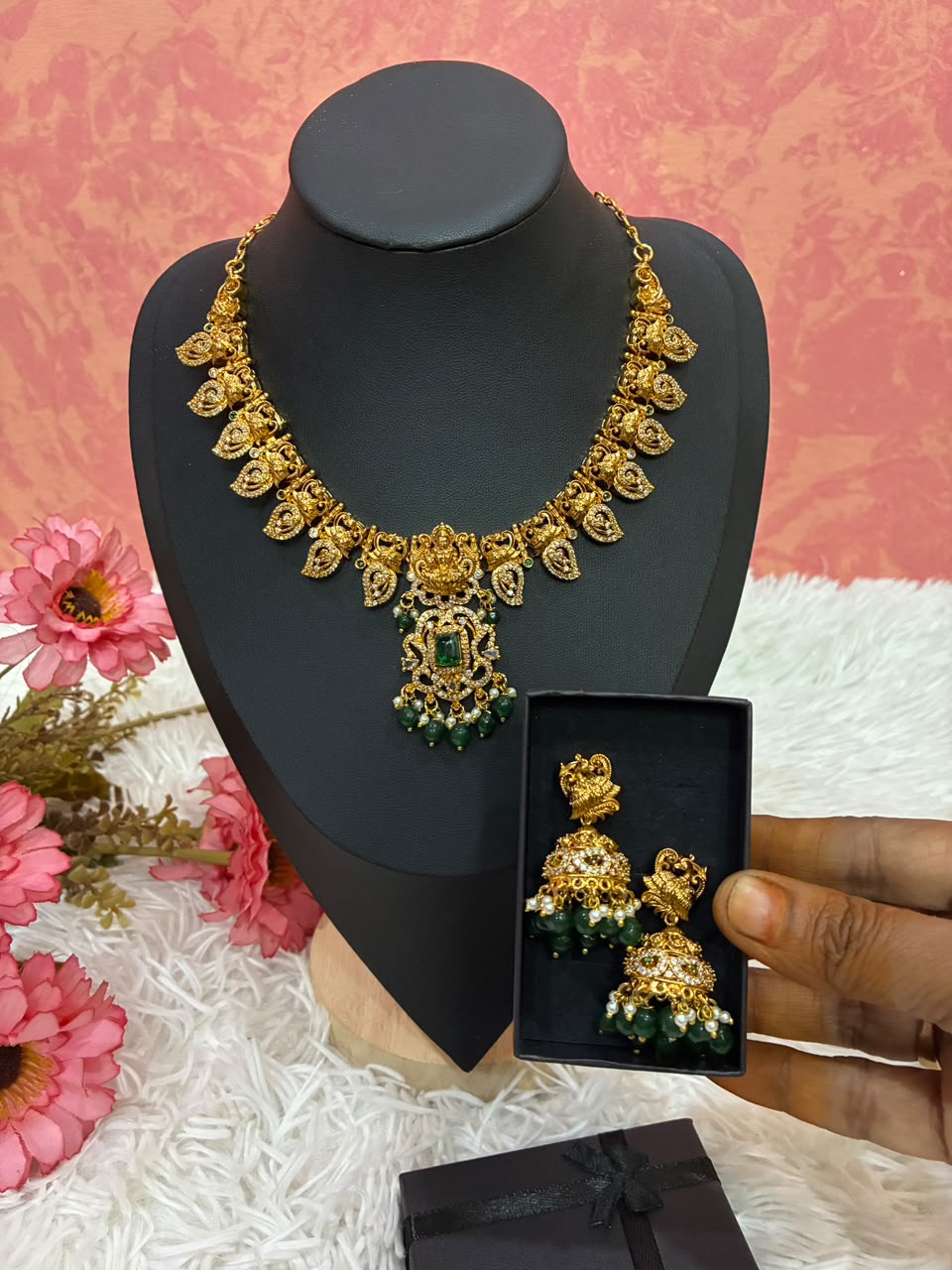 Gold-plated temple style Lakshmi motif necklace set with Mango shaped design